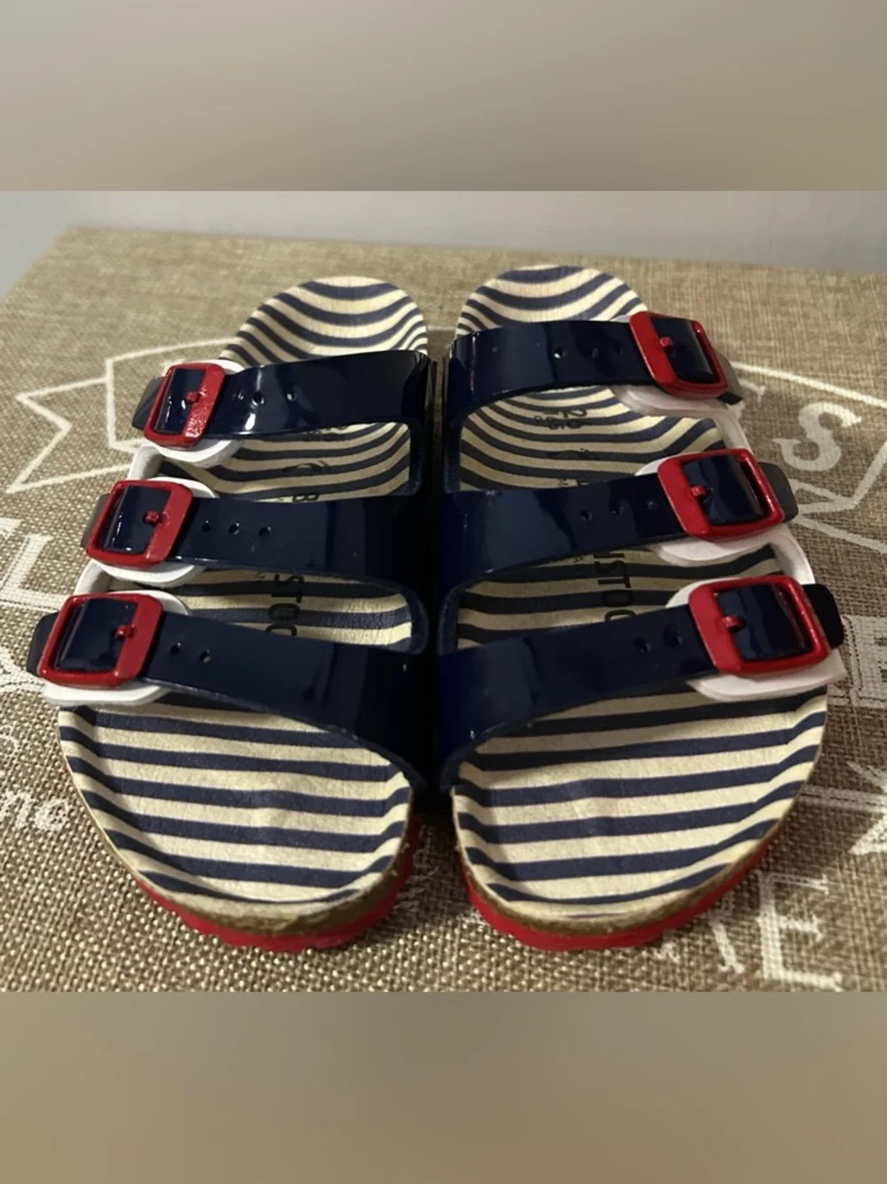 Kids Birkenstock Florida Style Navy, White & Red Triple-Buckle Sandals